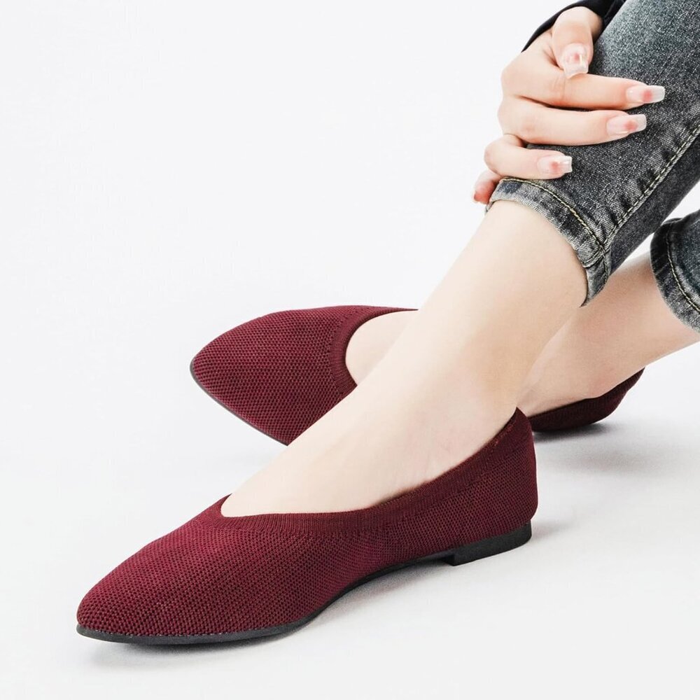 Women's Wine Red Wide Width Office Dressy Comfortable Pointed Toe Slip Flats - Picture 2 of 5
